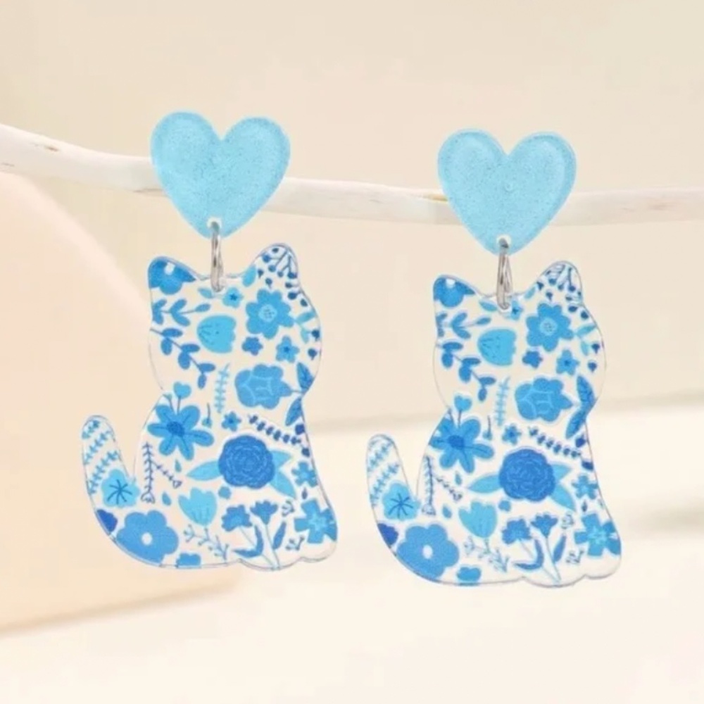 ❤️ FREE Toile Cat Kitten Animal Floral Flower Hipster Chic Glam Drop Earrings